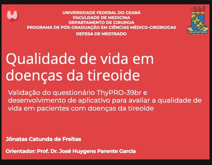 Slide de abertura da defesa de mestrado sobre qualidade de vida em doenças da tireoide